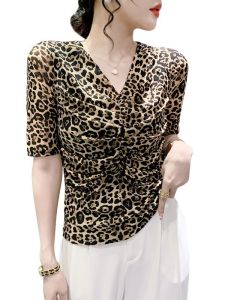 Rehin thời trang mới mùa hè in da báo v-cổ lưới xếp li khoan nóng Áo phông ngắn tay áo có hoa văn áo cho phụ nữ