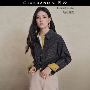 GIORDANO Women Shirts 100% Cotton Contrast Trim Plaid Shirts Single Pocket Long Sleeve Fashionable Casual Loose Shirts 18346106