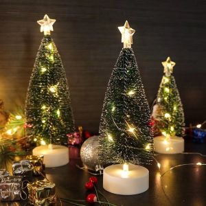 YERZ 3 Pcs/set LED Light Mini Artificial Christmas Trees Decorations Festival Miniature Snow Frost Xmas Home Table Ornaments