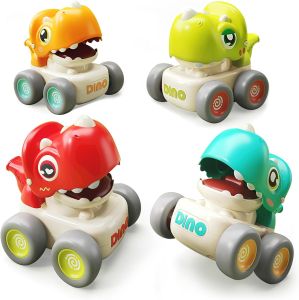 Dinosaur car toys for 1-3 year old toddlers baby press cars baby whistle racing sets toy cars for 1 year old boys and girls gift toys for 6-12-18 months 4 pieces