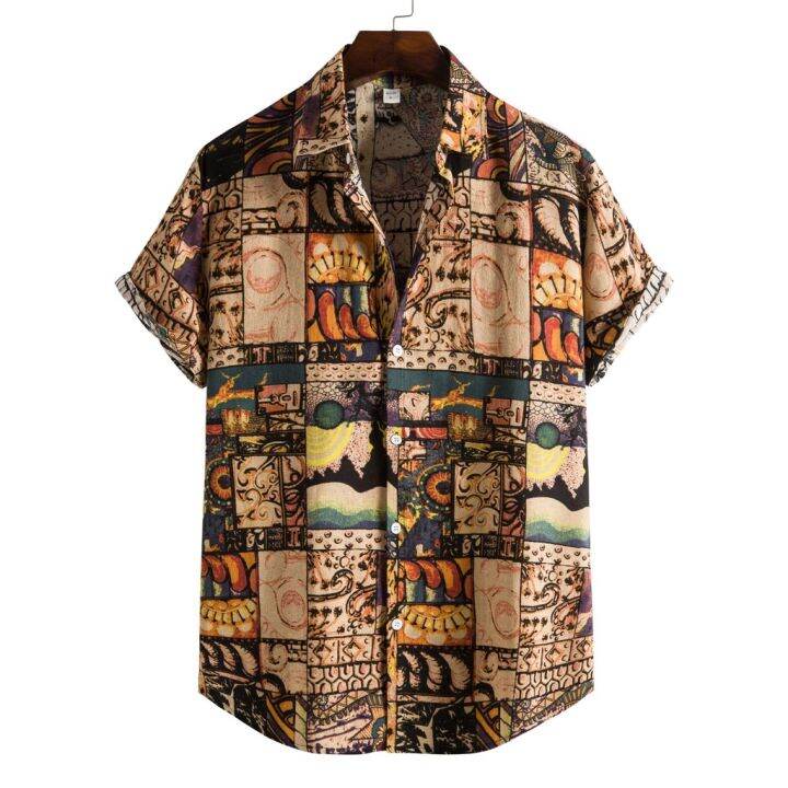 Mens floral printing ethnic style cotton store shirts short sleeve loose casual shirt tops