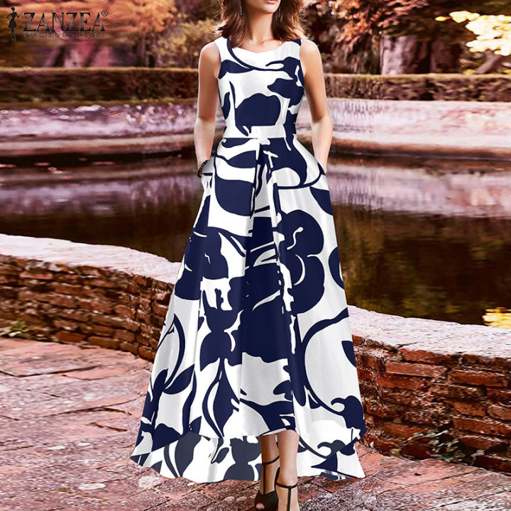 ZANZEA Womens Sleeveless Elegant Printed Long Dress Asymmetrical