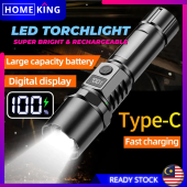 HOMEKING | Multi-Functional Outdoor Strong Light LED Long-range With LCD Numerical Power Display Telescopic Zoom Flashlight Plastic USB Rechargeable Flashlight