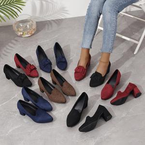 yangpa123 Womens Bowknot Chunky Heeled Pumps Solid Color Pointed Toe Micro Suede High Heels Comfy All-Match Work Shoes