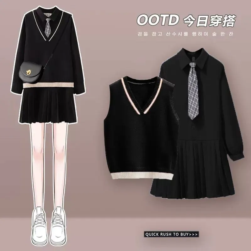 3pcs Vest Dress Tie Korean for Women Youth Plus Size Chubby Knitted  Sweater Vest Long Sleeve White A Line Skirts for Teens Girls on Sale