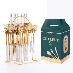 Gold 24 Pieces Stainless Steel Fork Spoon Set Platinum Cutlery Holder Ceramic Handle Dinner Knife
