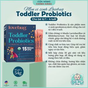 Men vi sinh lovebug Toddler Probiotics 15 tỷ lợi khuẩn cho bé 1 - 4 tuổi - ✔️ Tăng hấp thu dinh dưỡng — bé ăn vào nạp chất tối đa ✔️ Cân bằng hệ vi sinh — hết phân chua phân nhầy phân xanh ✔️ Tăng đề kháng — bảo vệ bé khỏi bệnh vặt hằng ngày