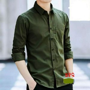 Kemeja Polos Pria Warna Hijau Army Lengan Panjang Cocok Buat Kantoran Bahan Premium Adem