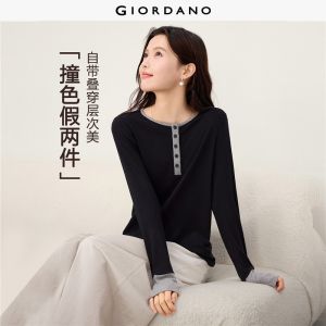 Giordano Beau Monde Women Contrast trim henley neck long sleeve tee Free Shipping 13326627