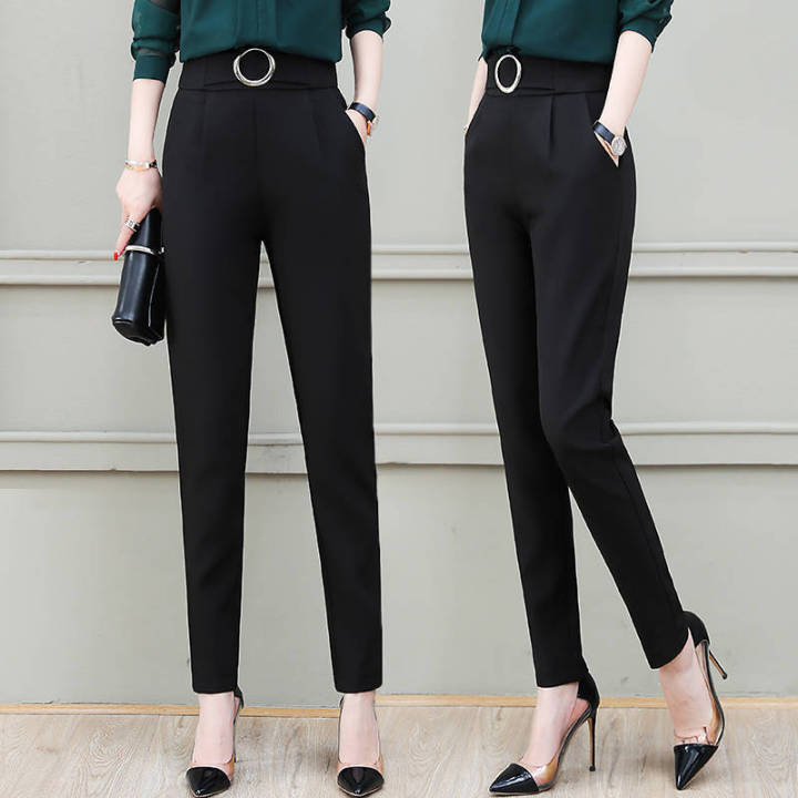 Black Suit Pants Ladies High Waist Pants Belt Belt Pockets Office