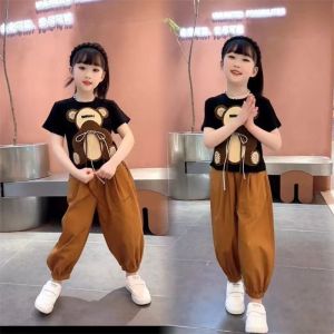 Unlimited X Two Piece Set of Casual Loose Pants Short Sleeves Cartoon Teddy Bear Childrens Summer Suit