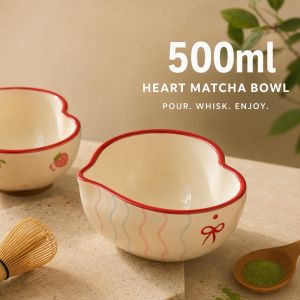 Ceramic Matcha Bowl Heart Shape Handmade Retro Whisking Cup With Spout Large Multi Use For Latte Cocoa Milk Tea Gift