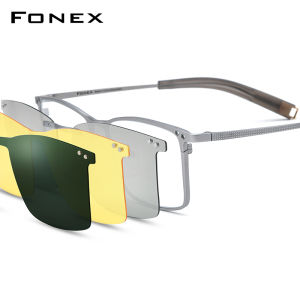 FONEX Titanium Glasses Frame Men Brand Design Square Clip on Flip-up Eyeglasses Custom Optical Eyewear with Polaroid & Night vision & 3D Lens 85760