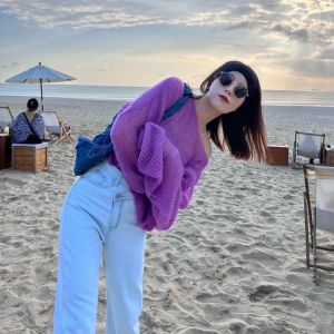 Ielgy đơn giản một vai Hollow mỏng Áo len dệt cho phụ nữ