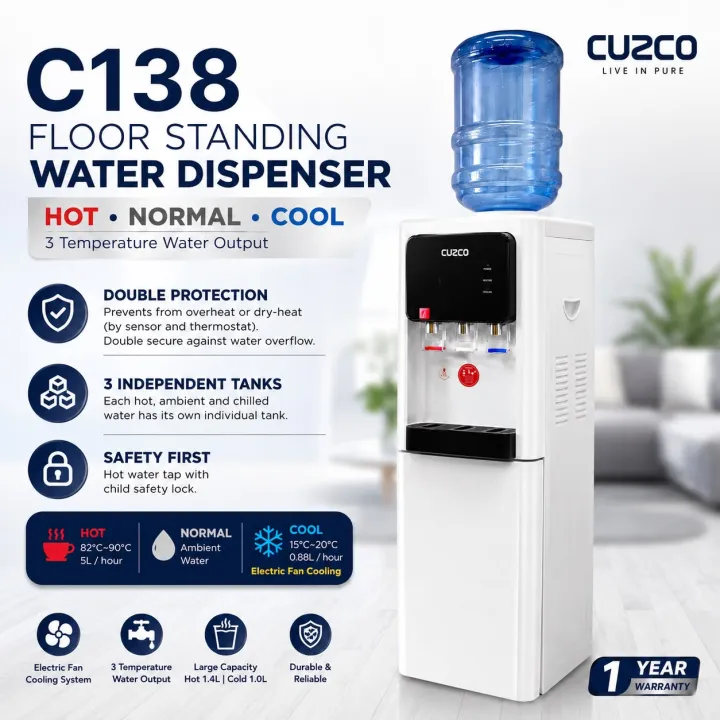 Cuzco C138 (Hot , Ambient & Cold) 3/5 Gallon Bottle Type Floor Standing Water Dispenser , Electric Cooling System ,(Excluding Empty Bottle)