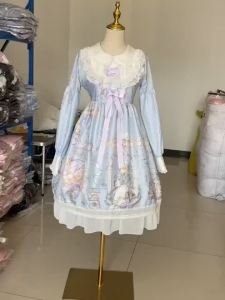 New student lolita dress long sleeve light blue cute angel fairy soft girl skirt㏇X0407
