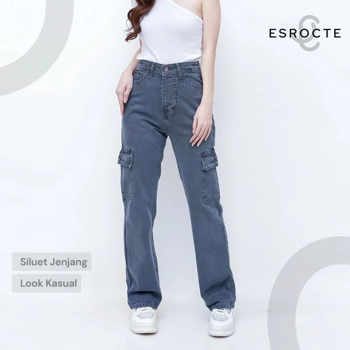 ESROCTE Lexa Pants Celana Cargo Loose Jeans High-Waist Wanita