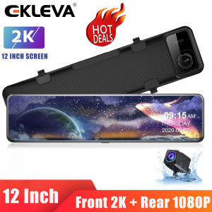 EKLEVA 12 Inch Touch Car DVR 2K 1440P Mirror Dash Cam Auto Recorder Dual Lens 1080P Waterproof Rear Camera Car Video Recorder RearView Mirror Registrar Super Night Vision