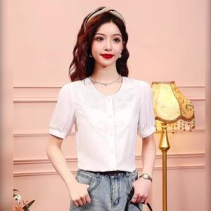 Ammin 2024 mùa hè mới Trung Quốc cổ điển nút đĩa ngắn tay cotton nguyên chất Áo sơ mi nữ đơn giản đứng cổ áo màu Trơn Áo Blouse thanh lịch giản dị