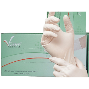 CHÍNH HÃNG VGLOVE KHẢI HOÀN 1 Hộp 100 chiếc - 50 đôi - Găng tay y tế cao su thiên nhiên Latex không bột Vglove Khải Hoàn màu trắng kem các size SML