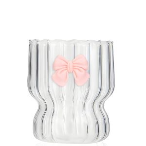 Nexlent 300ml Cute Bow Shaped Glass Cup Coffee Cup Transparent Cold Drink Ice Cream Cup Mug