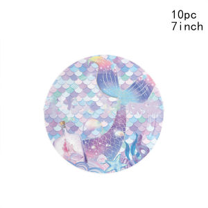 ผ้าปูโต๊ะทรงนางเงือกส่งเร็วรูปหางเครื่องใช้สำหรับโต๊ะอาหารแบบใช้แล้วทิ้งวันเกิดถ้วยกระดาษเช็ดปากปาร์ตี้ถ้วยผ้าสีม่วง