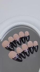 [HANDMADE]Artificial Nail Black French Bow Y2K Almond Phototpy Press on Nails Reusable and Removable Nails with Toolkit