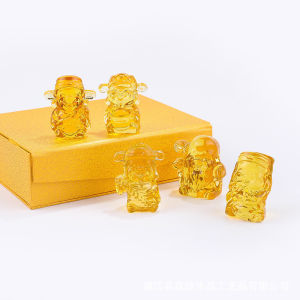 Bisa COD 5Pcs God Of Wealth Patung Dewa Pajangan Dekorasi Rumah Golden Crystal Glass Lucky Keberuntungan Fu Lu Shou kotak packing gift