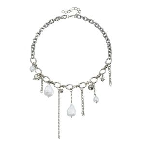 SWEET Imitation Pearl Baroque Pearl Necklace Silver Tone Metal Tassel Choker Y2K Irregular Neck Jewelry Women