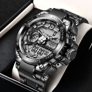 LIGEจอแสดงผลคู่นาฬิกาผู้ชายกันน้ำได้กีฬานาฬิกาข้อมือเรืองแสงแบบมัลติฟังก์ชั่น