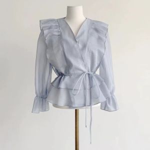 COD Alisa.Sonya High Quality Womens Korean style tops ruffle edge flared sleeve cross V-neck tie up waist double layer long sleeves flounce bottom women blouses