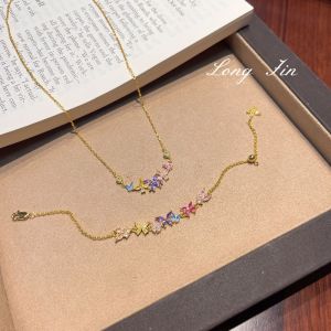 Diamond Gradient Color Zirconium Butterfly Necklace Bracelet Set Female Real Gold Electroplating Pull-out Adjustment Set Decoration