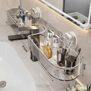 【Ready Stock】Suction cup washbasin storage rack faucet wall mounted no drilling bathroom mirror sink storage