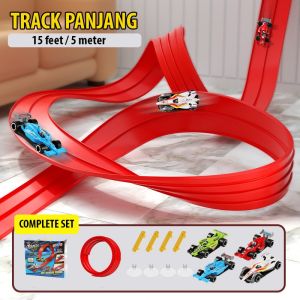 Racing Track Panjang 5 Meter + 4 Kereta Mainan | Complete Set Race Track | Flexible Loop Track hotwheel