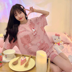 VCH Pink Kitty Cat Kitty Pajamas Adult Comfortable Short Sleeve Kitty Pajama Pants KT Sleepwear Suit Leisure Kitty Pajama Set Girl Gift