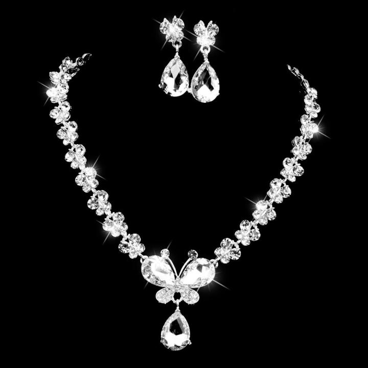 EARENT Rhinestone Butterfly Jewelry Set - Silver Crystal Choker Necklace & Earrings For Wedding & Prom