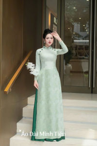 Áo Dài Chất Liệu Gấm Hoa Cao Cấp Họa Tiết Đính Kết Thủ Công Tỉ Mỉ - Gấm Xanh Nơ Cổ 2P