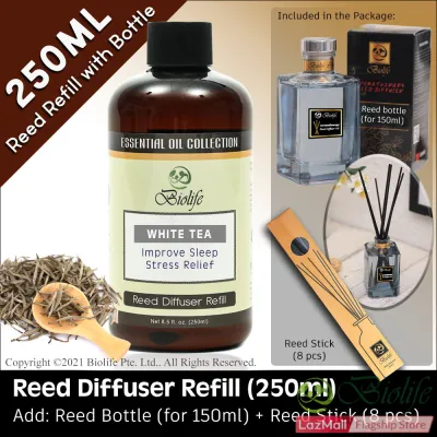 Biolife White Tea scent Reed Diffuser Refill (250ml) with glass reed diffuser and reed stick Essential Oil Aromatherapy Long Lasting Scent [BD]