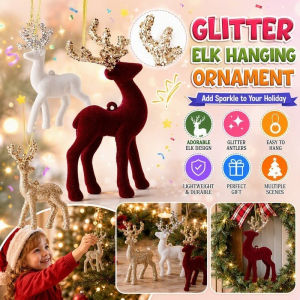 Christmas Reindeer Hanging Ornament Glitter Antlers Flocked Deer Pendant For Tree Wreath Window 15cm