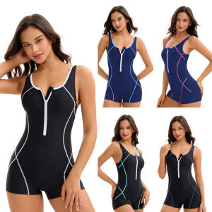 Boyleg Women One Piece Swimsuit Sleeveless Color Block Tight Bathing Suit Zipper Front Sport Swimwear Summer Beach Wear