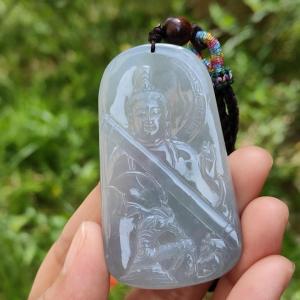 Light Lavender Very unique old Natural Type A Jadeite Pendant come with certificate Crafted with Guanyin and the monkey god with a hugh golden cudgel weight 33.74 grams 62.80 * 35.70 * 6.30 mm suitable for daily wear or collection (pendant117)