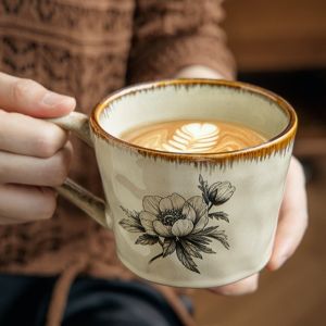 DISKAS Non-slip Ceramic Coffee Cup Microwave Safe 385ml Antique Style Mug Classic Comfortable Grip Breakfast Cup Kitchen
