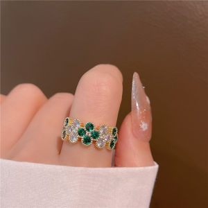 Lucky Flower Open Ring Sparkling Four-Leaf Clover Contracted Elegant Temperament Versatile 微镶锆石绿色幸运四叶花戒指女轻奢气质百搭时尚指环戒子