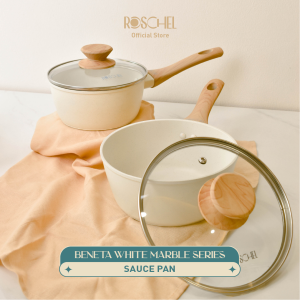 "Roschel Beneta White Marble Coating Non-Stick Saucepan 16 18 cm + Tutup Kaca Panci Susu Anti Lengket Sauce Pan Panci Wajan Penggorengan Anti Lengket Induksi Putih "