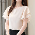ZANZEA Korean Style Women's Blouse Ruffle Short Sleeve Double Layer O-Neck Solid Top Pullover #10. 