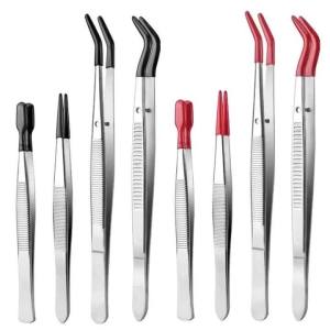 FFBH 4 pieces of stainless steel long industrial tweezers set with rubber heads including beads stamps coins and jewelry 4P7H5