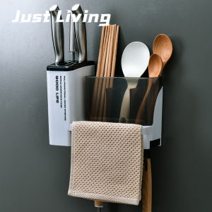 JustLiving Hộp đựng bộ đồ ăn treo tường với khay để ráo nước Hộp đựng dao kéo bằng nhựa Ống đựng đũa đa chức năng có móc treo Dụng cụ tổ chức nhà bếp Hộp đựng dụng cụ