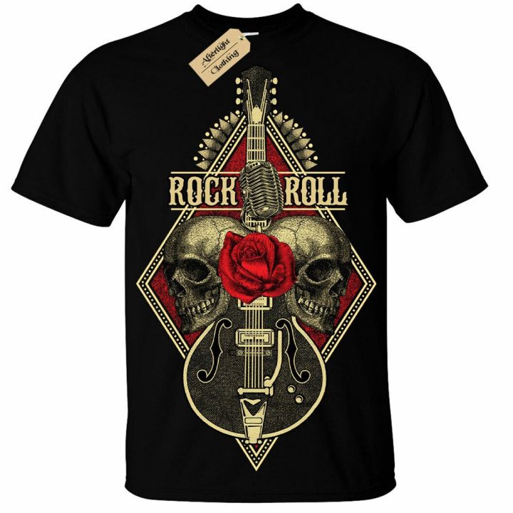 Rock N Roll Guitar Skull Metal Band Death Heavy Music T Shirt