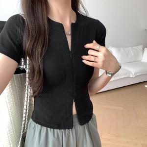 Women Casual T-Shirt Plain Zipper Crop Top