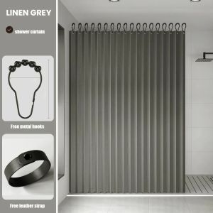 Linen Shower Curtain for Bathroom Foldable Washable Cloth with Ring set Grey